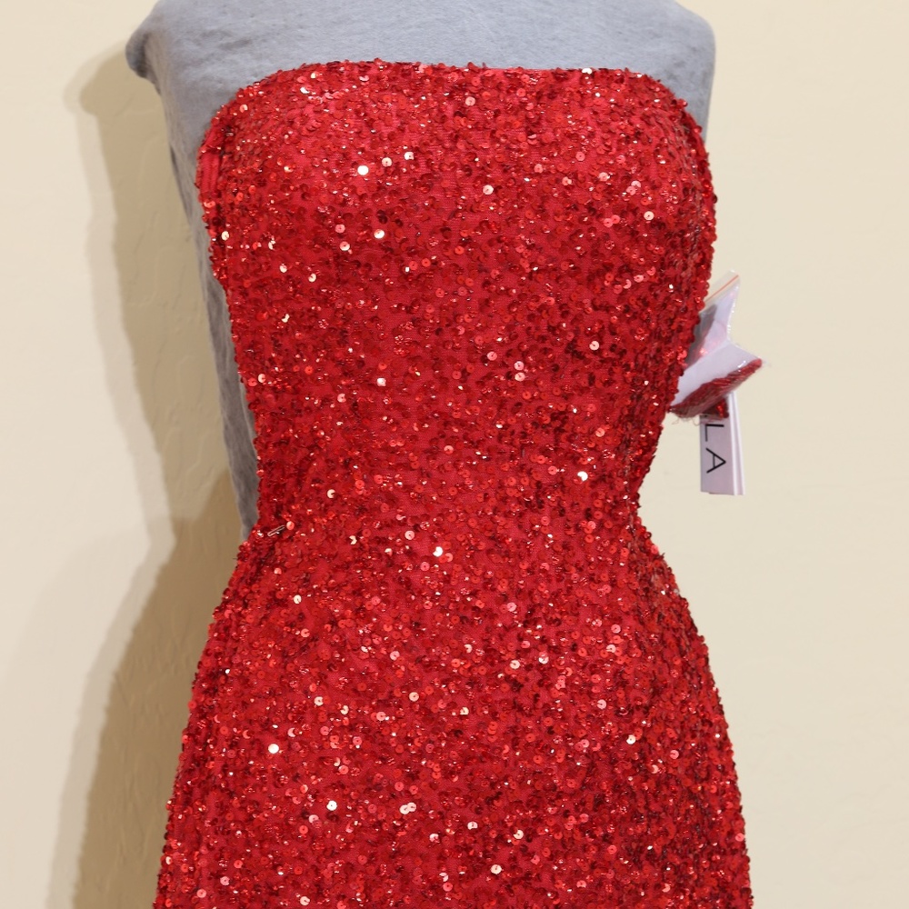 SCALA strapless sequin tie back short dress in red size 4